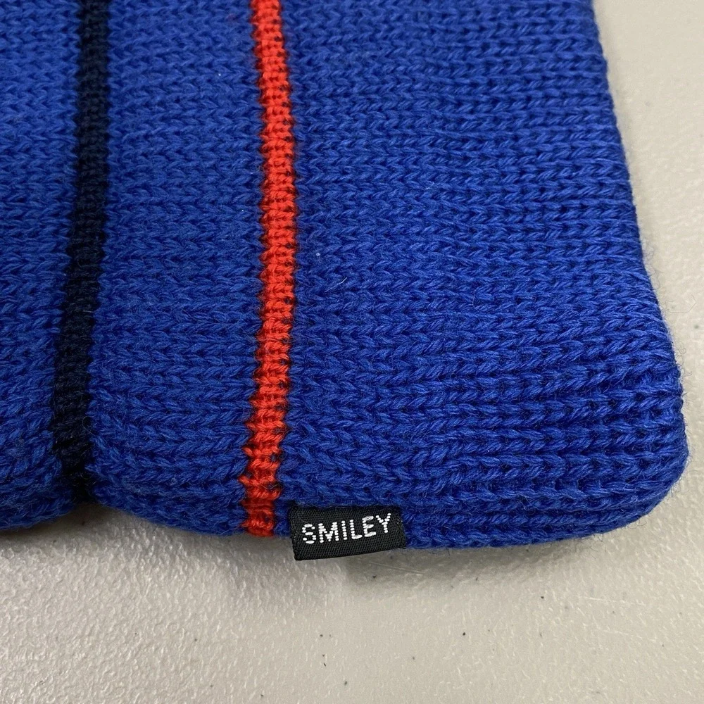 Vintage Smiley Ski Beanie 100% Wool Blue Striped‎ Knit Hat Lycra Headband USA